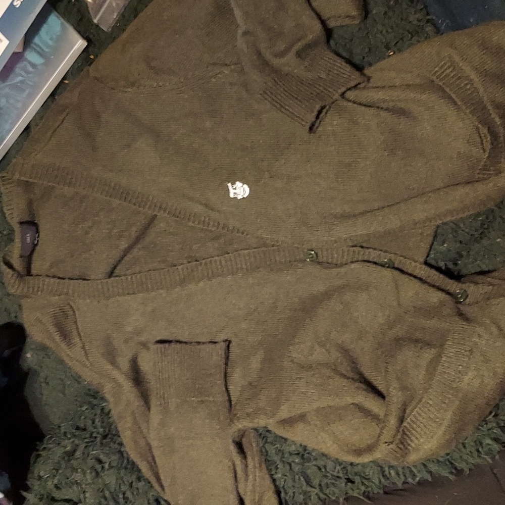 Obey grail. Military green embroided emblem wool blend cardigan